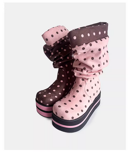 Polka Dot Platform Slouchy Mid Boots　X3524