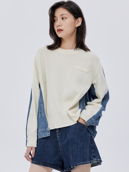 Bicolor denim knit sweater pullover X2782