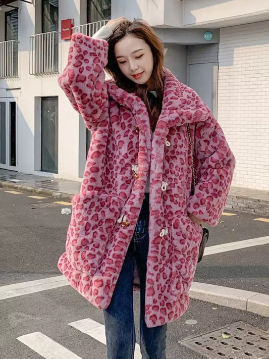 Mid-length pink leopard pattern stand-up collar faux fur coat jacket X2859