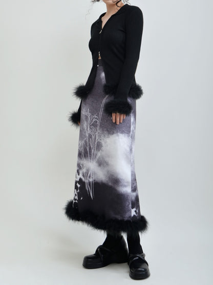 Ink painting pattern back slit fur long skirt X2647