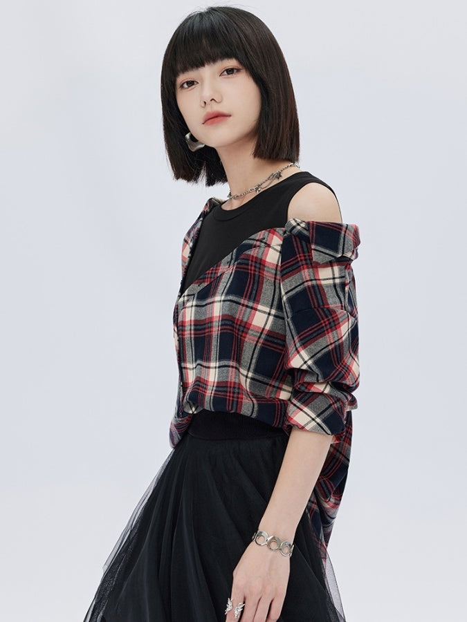 Fake two-piece check pattern shirt X2783