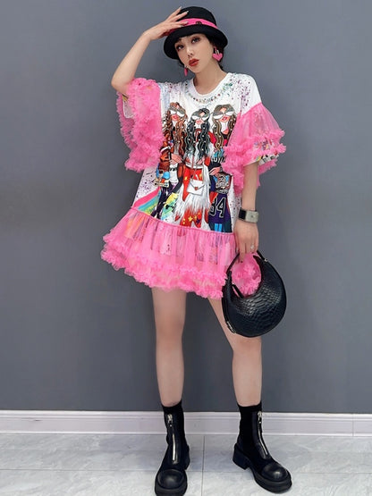 Girls Printed Frill Decoration T-shirt Dress X2696