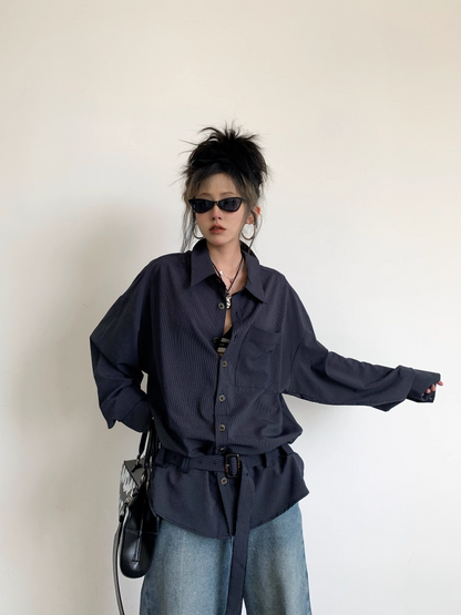 Navy Striped Belted Loose-Fit Shirt Jacket　X3338