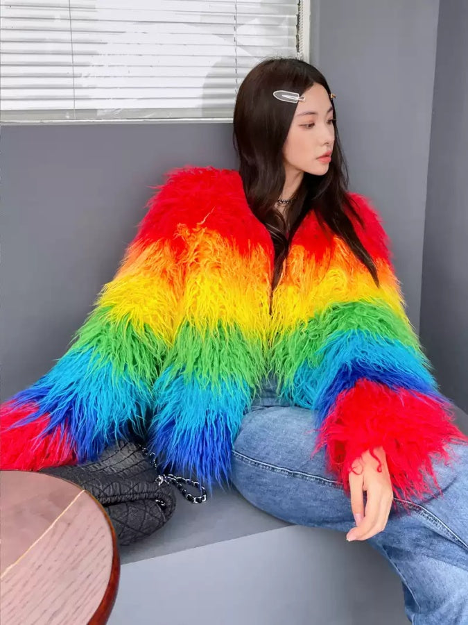 Colorful rainbow color volume silhouette long sleeve fur short jacket X2856