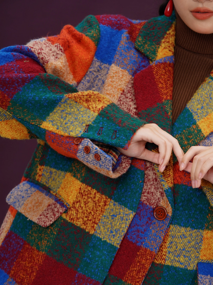 Colorful Rainbow Plaid Thick Oversized Blazer X3395