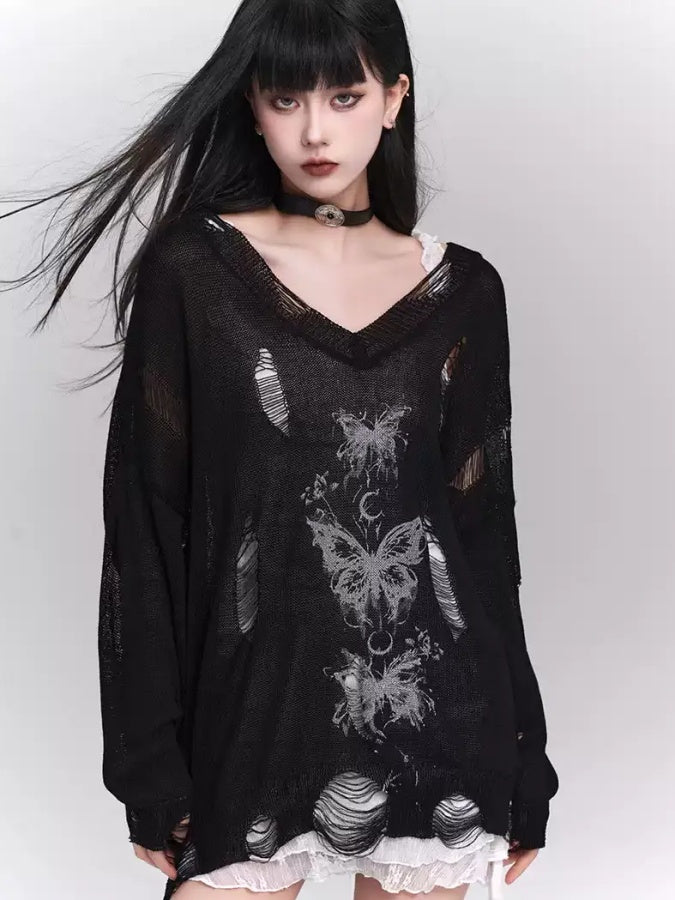 Wide V-neck damaged pullover X2826