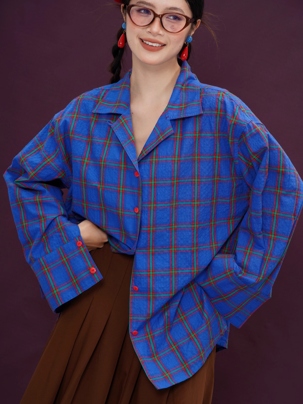 Klein Blue Plaid Retro Loose Long-Sleeve Shirt X3394