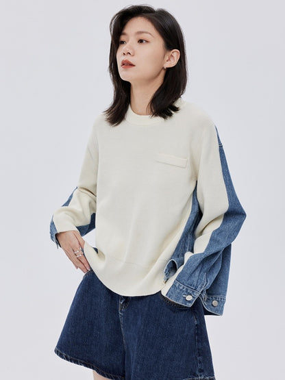 Bicolor denim knit sweater pullover X2782