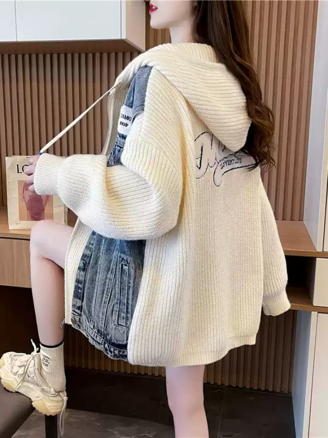 Denim patchwork knit sweater jacket X2940