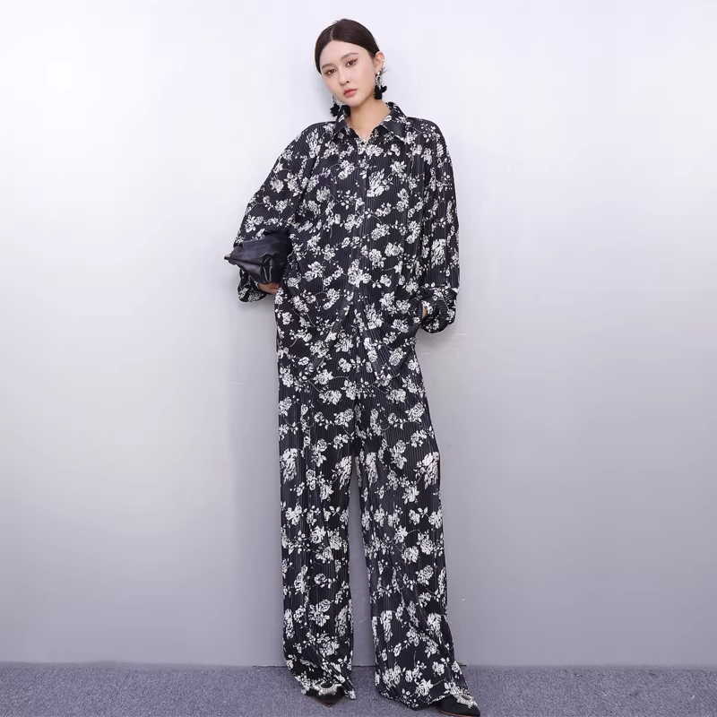 Draped Floral Print Shirt & Wide-Leg Pants Set X3519