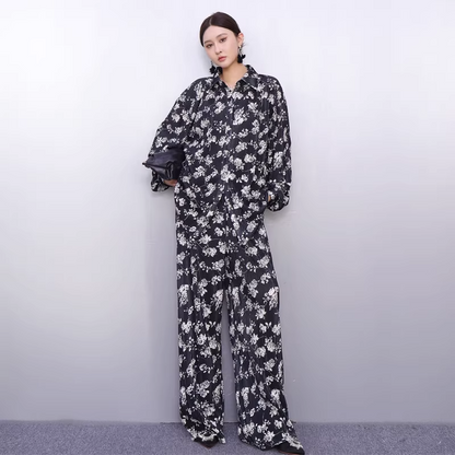 Draped Floral Print Shirt & Wide-Leg Pants Set X3519