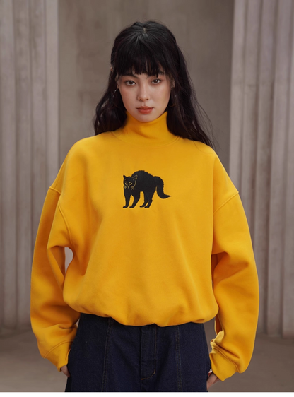 【限量庫存】黑貓刺繡復古高領衛衣 X3443