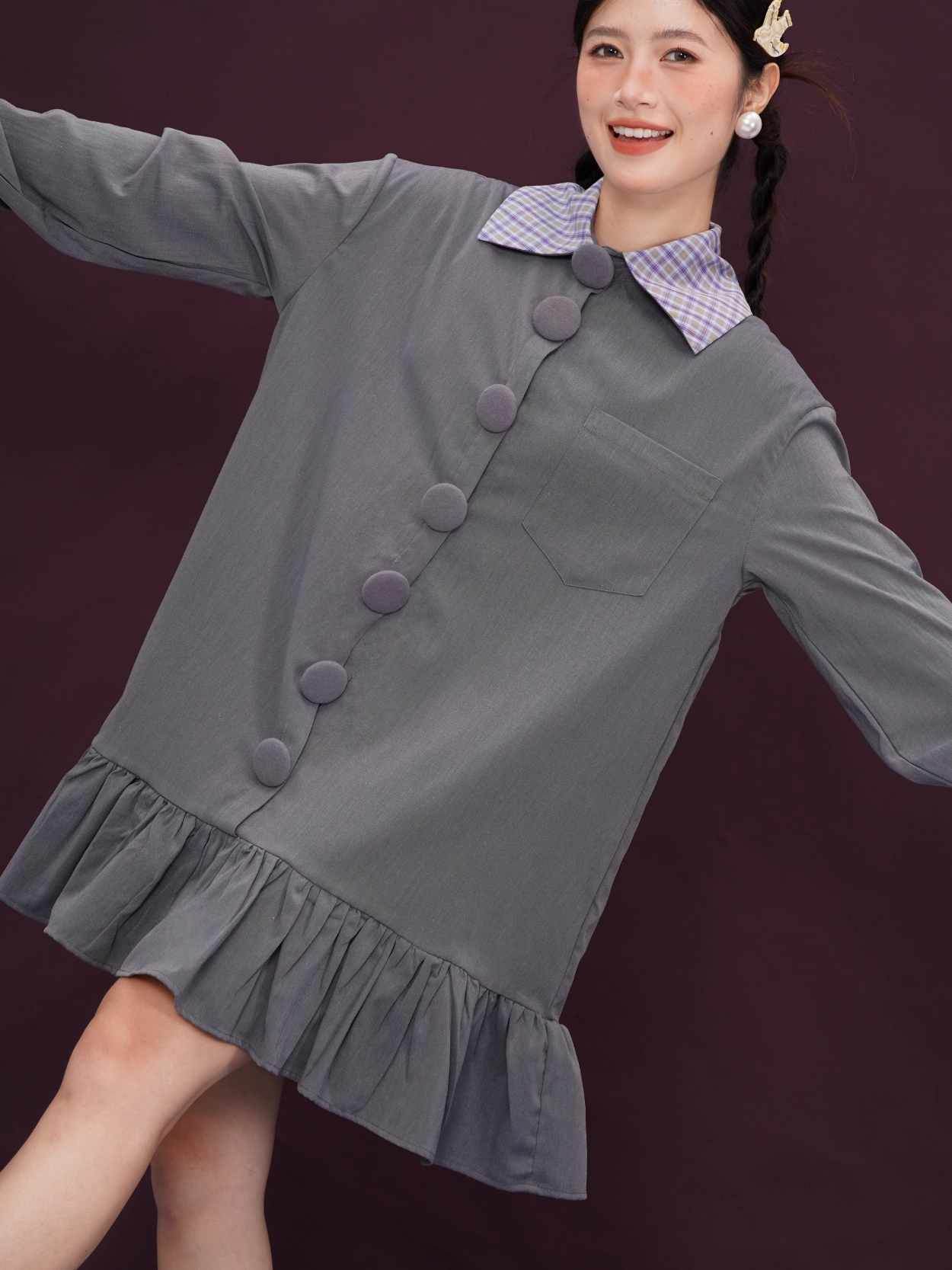 Covered Button Rainbow Plaid Vintage Short Dress X3393