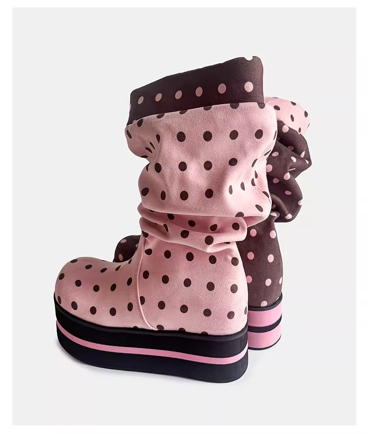Polka Dot Platform Slouchy Mid Boots　X3524