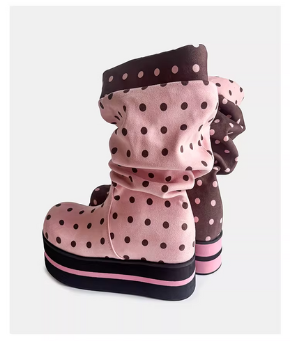 Polka Dot Platform Slouchy Mid Boots　X3524