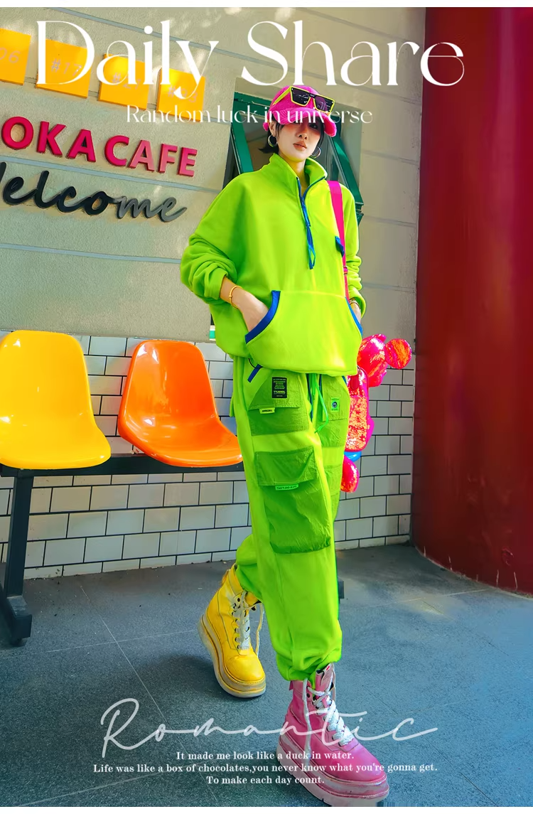 Neon Color Contrast-Zip High-Neck Fleece-Lined Sweatshirt　X3499