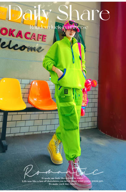 Neon Color Contrast-Zip High-Neck Fleece-Lined Sweatshirt　X3499