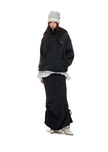 Layered-Look High-Neck Hoodie & Long Skirt 　X3484