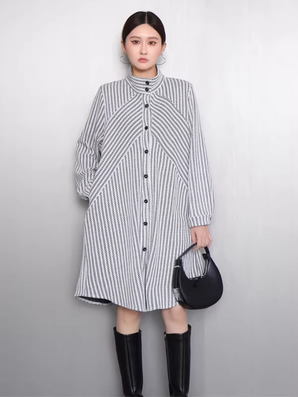 Striped Stand-Collar Long Shirt Dress X3521