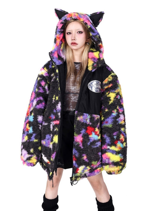 Colorful boa fleece parka jacket X2615