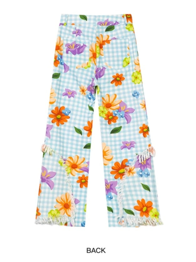 Fancy check flower fringe casual pants X2702