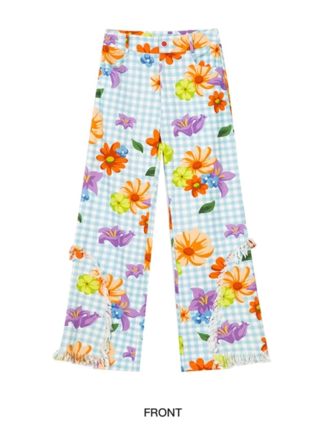 Fancy check flower fringe casual pants X2702