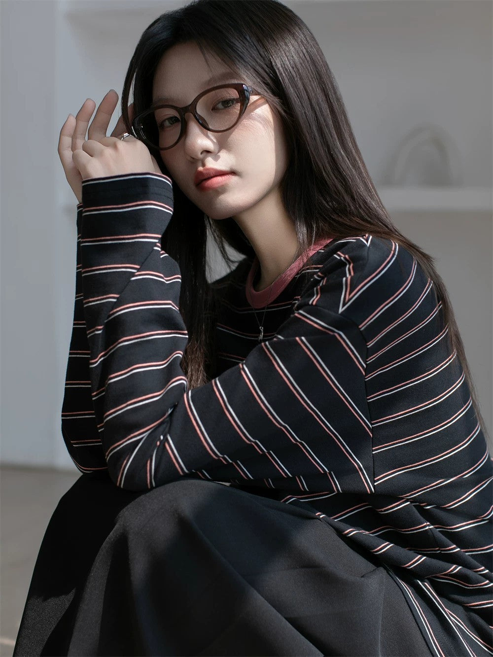 Contrasting stripe long sleeve T-shirt X3059