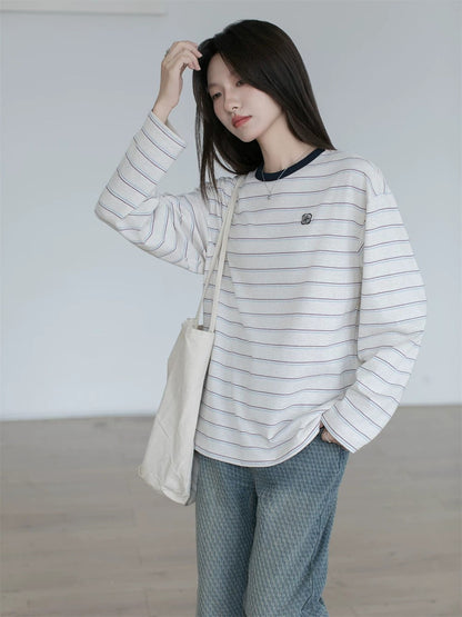 Contrasting stripe long sleeve T-shirt X3059