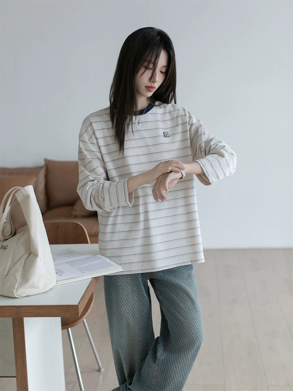 Contrasting stripe long sleeve T-shirt X3059