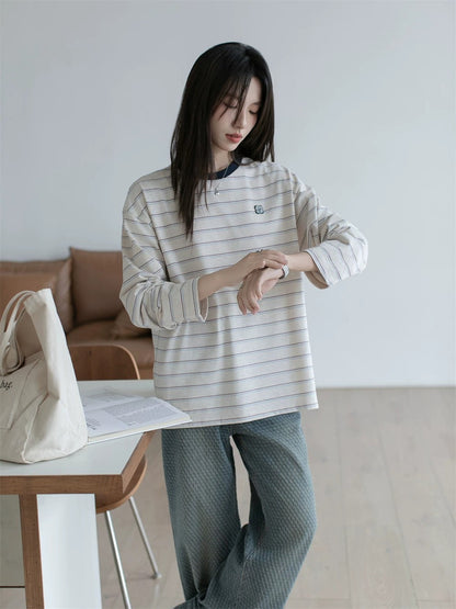 Contrasting stripe long sleeve T-shirt X3059