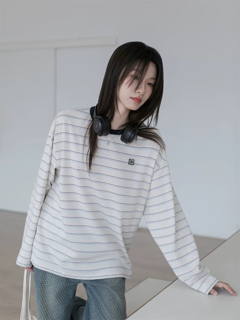 Contrasting stripe long sleeve T-shirt X3059