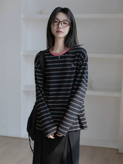 Contrasting stripe long sleeve T-shirt X3059