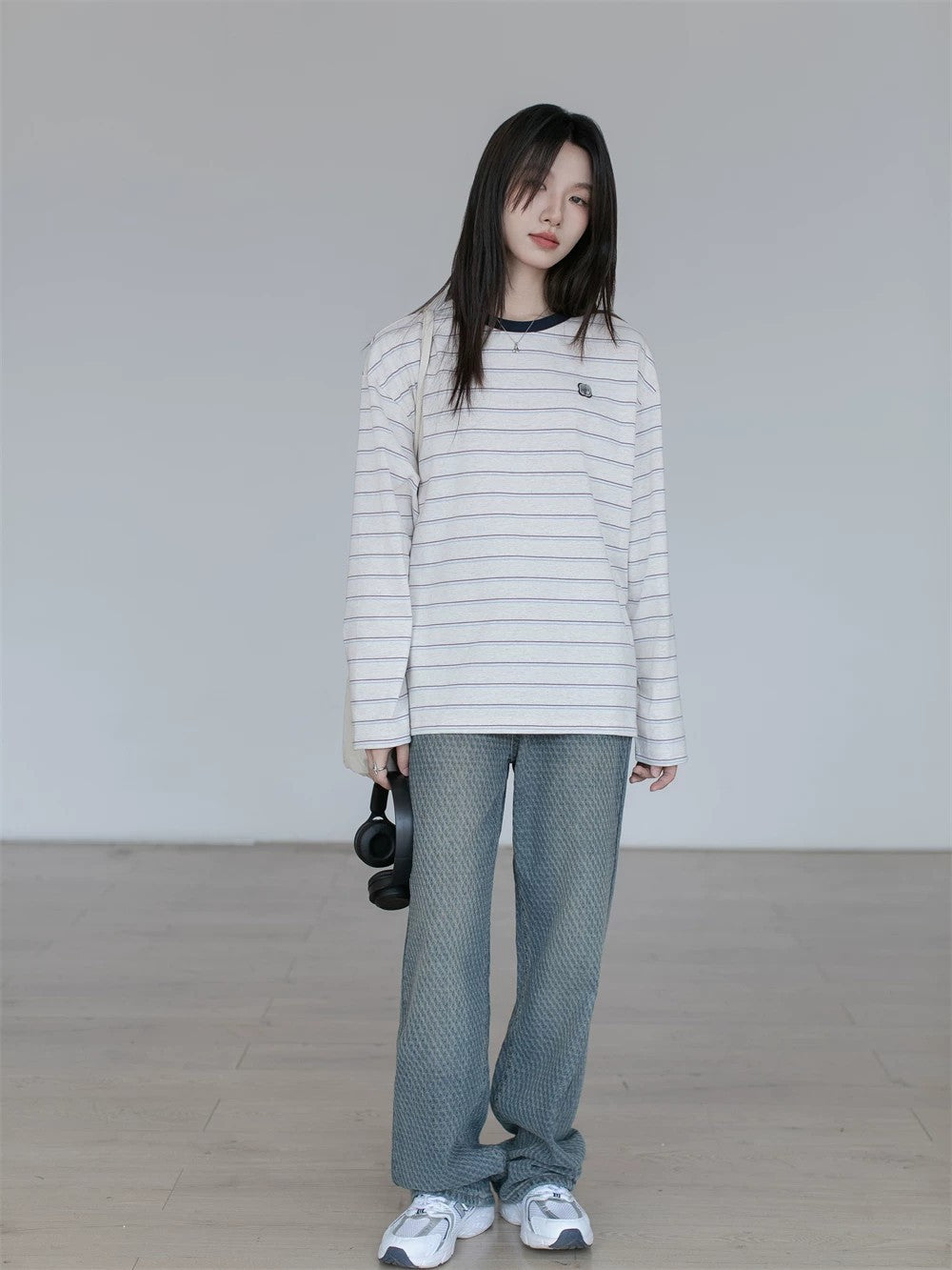 Contrasting stripe long sleeve T-shirt X3059