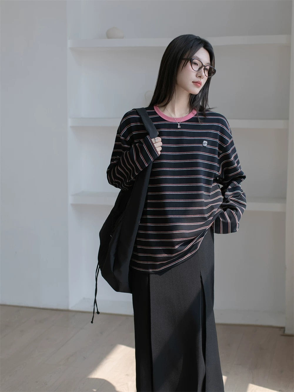 Contrasting stripe long sleeve T-shirt X3059