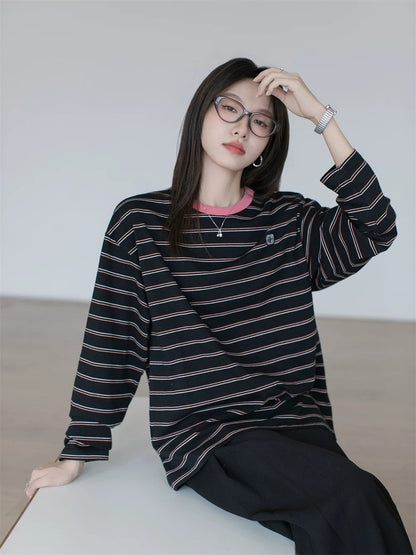 Contrasting stripe long sleeve T-shirt X3059