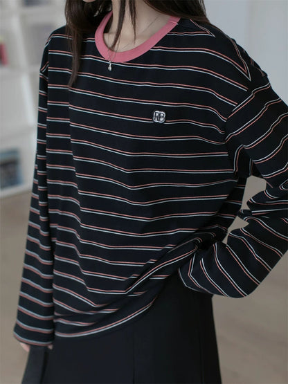 Contrasting stripe long sleeve T-shirt X3059