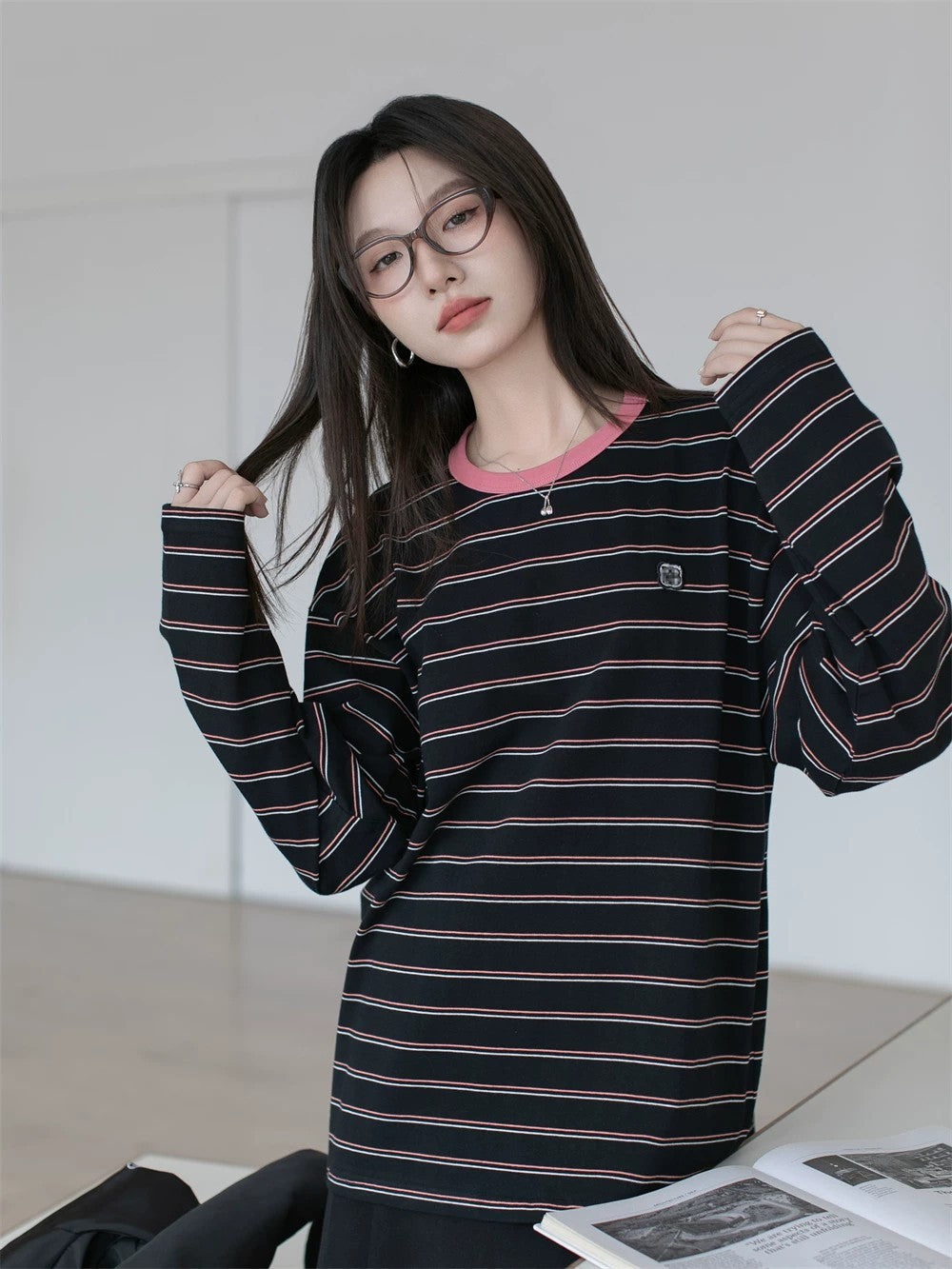 Contrasting stripe long sleeve T-shirt X3059