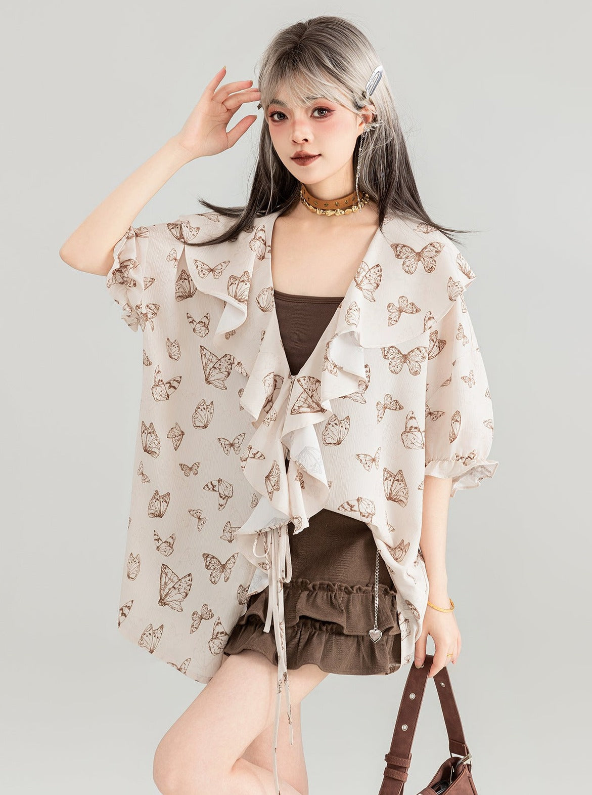 Butterfly print loose lace top X2802