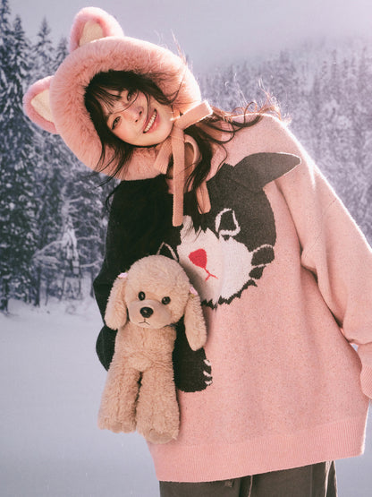 Kitten Jacquard Oversized Sweater　X3700