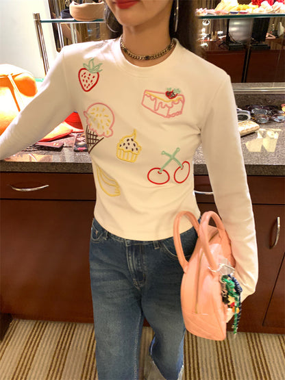 Sweets embroidered design long sleeve t-shirt X3199