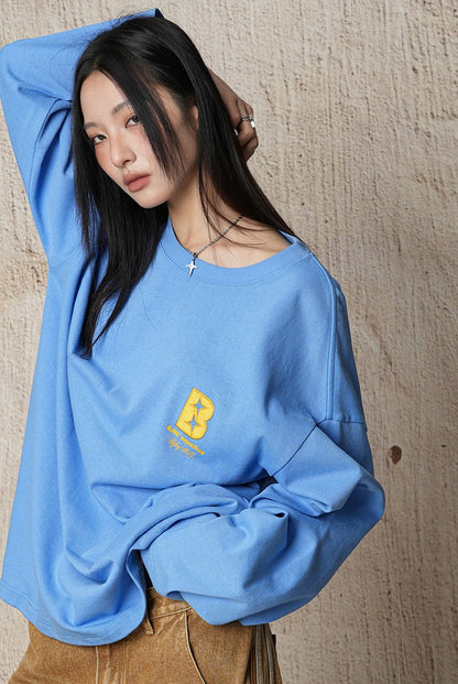 Cotton base round neck long-sleeved loose T-shirt X3061