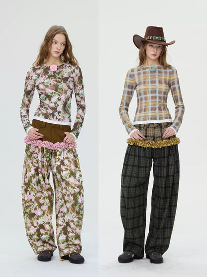 Printed & Check Patchwork Curved Pants with Ruffle Detail　X3507