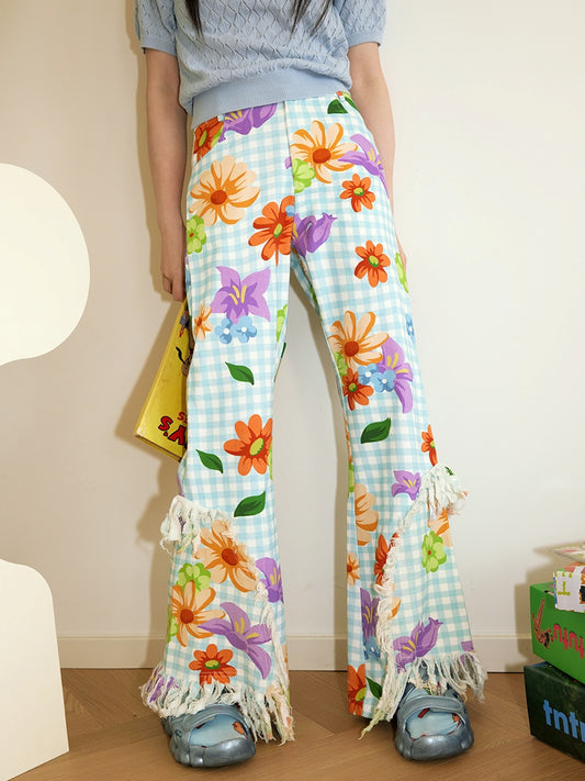 Fancy Check Flower Fringe Casual Pants　X2702