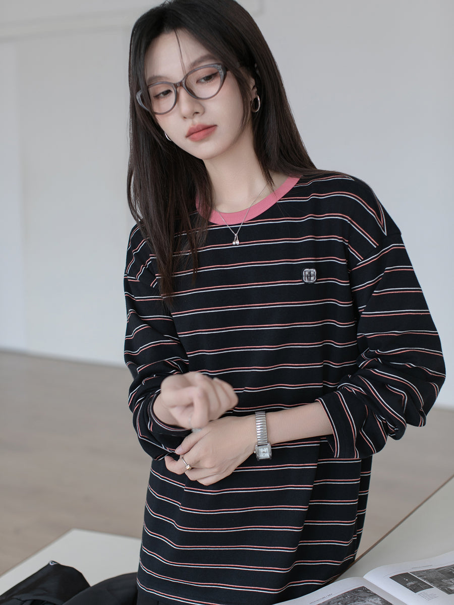 Contrasting stripe long sleeve T-shirt X3059