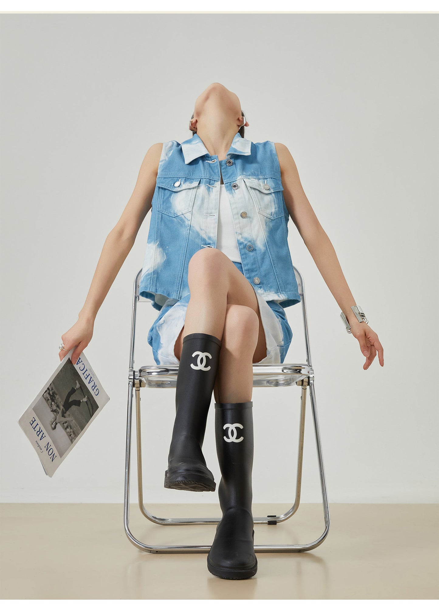 Tie-Dye Denim Style Sleeveless Vest / Mini Skirt Set　X3547