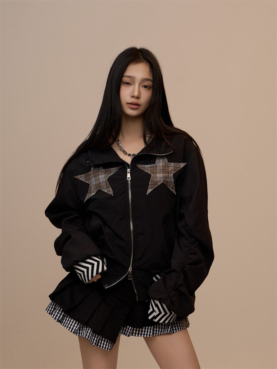 Spring New Black Plaid Star Oversized Jacket　X3390