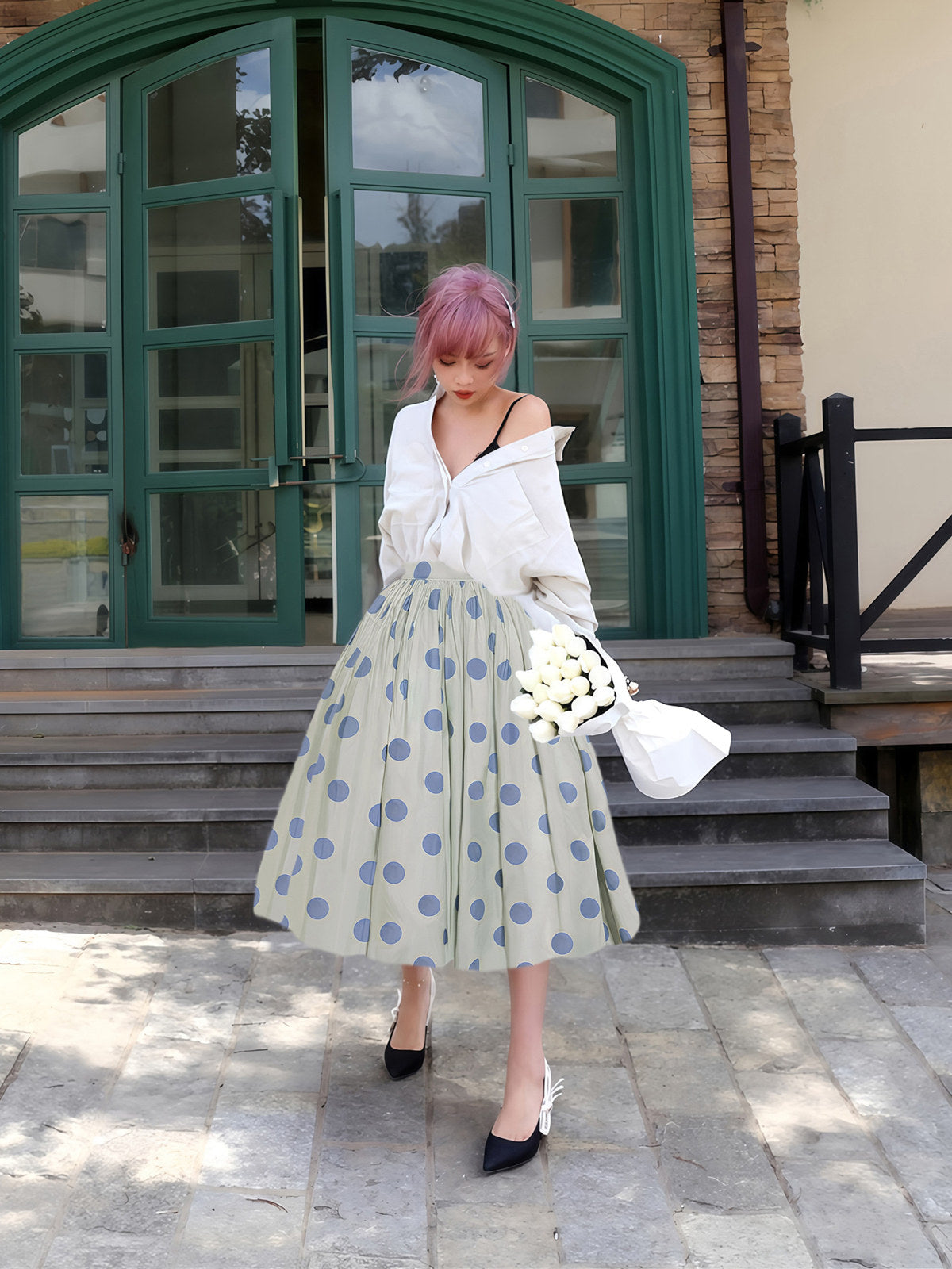 Polka Dot High Waist Flare Skirt　X3549