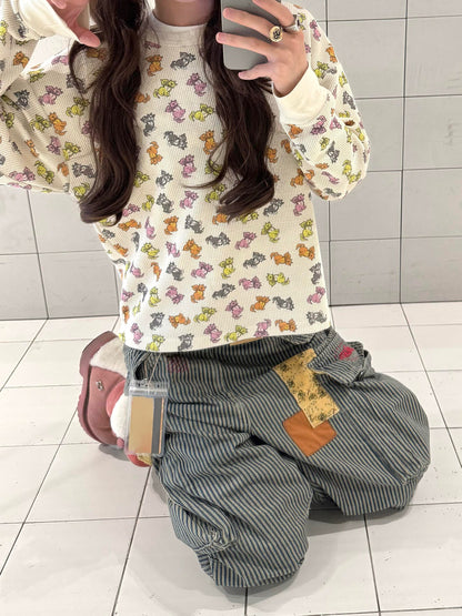Hickory Stripe Patchwork Wide Cropped Pants　X3706