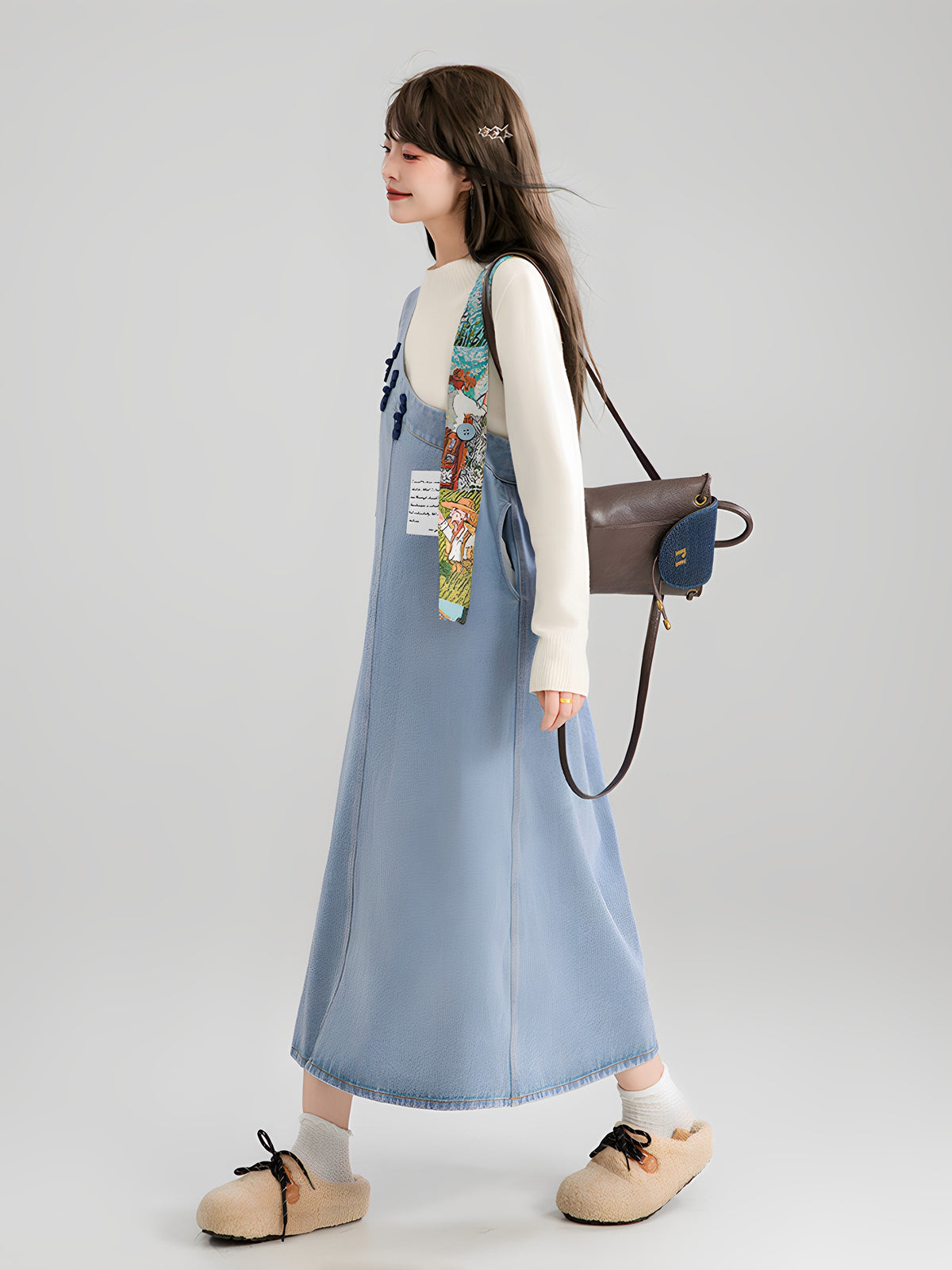 Art Print Denim Jumper Dress X3671