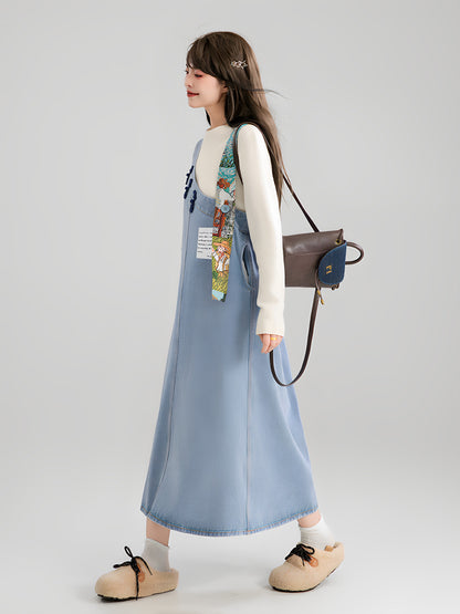 Art Print Denim Jumper Dress X3671